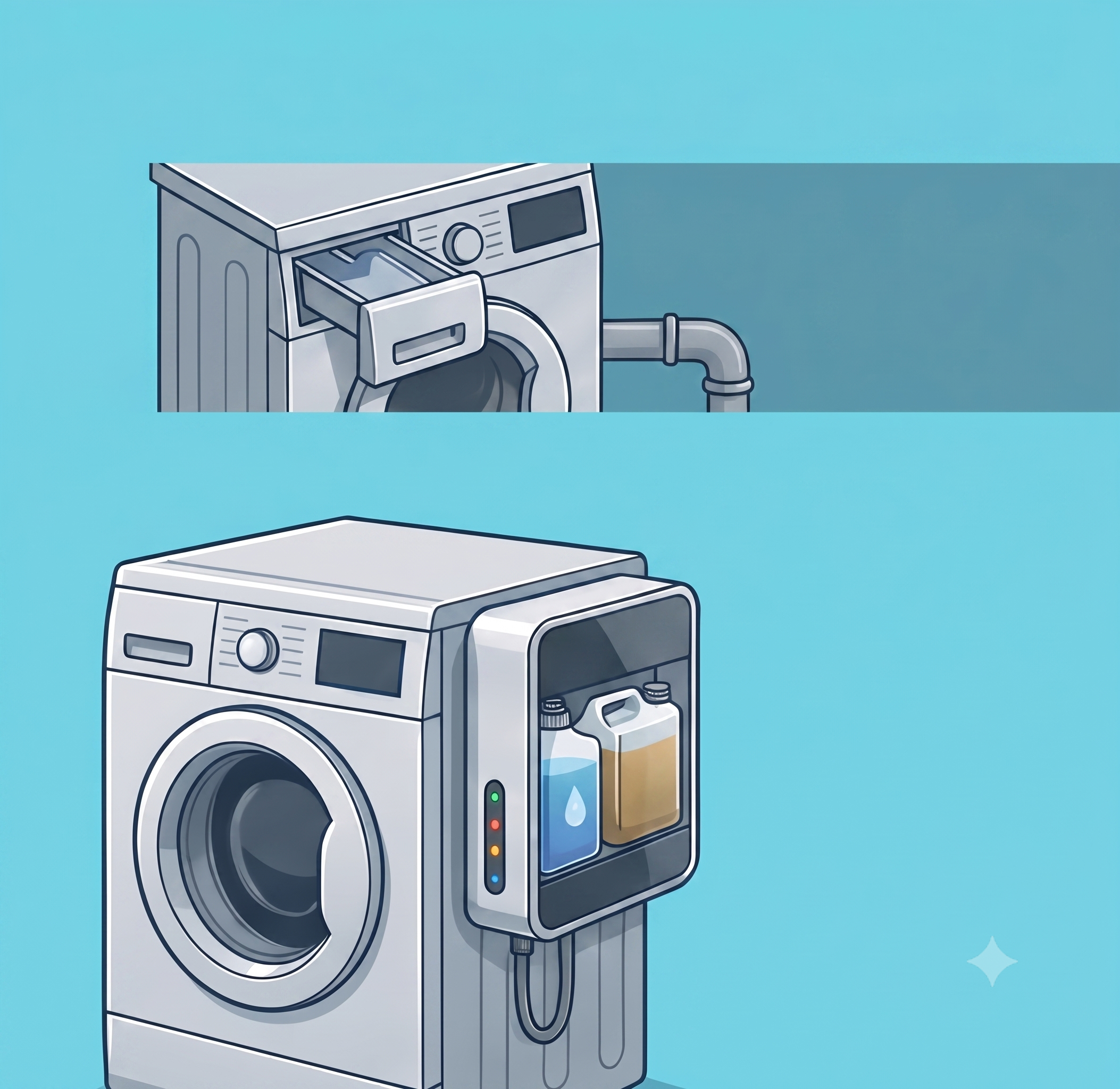 Modern front-loading washing machine with IWA's side-mounted smart IoT detergent dispenser — dual transparent chambers and LED indicators.