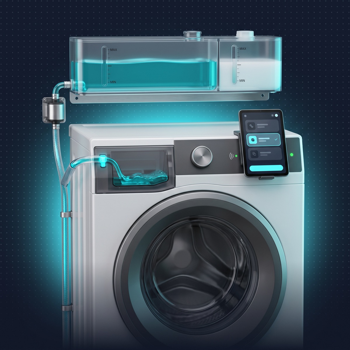 IWA's custom detergent drawer — the retrofit intake that channels precisely dosed gel into the washer, no powder mess.