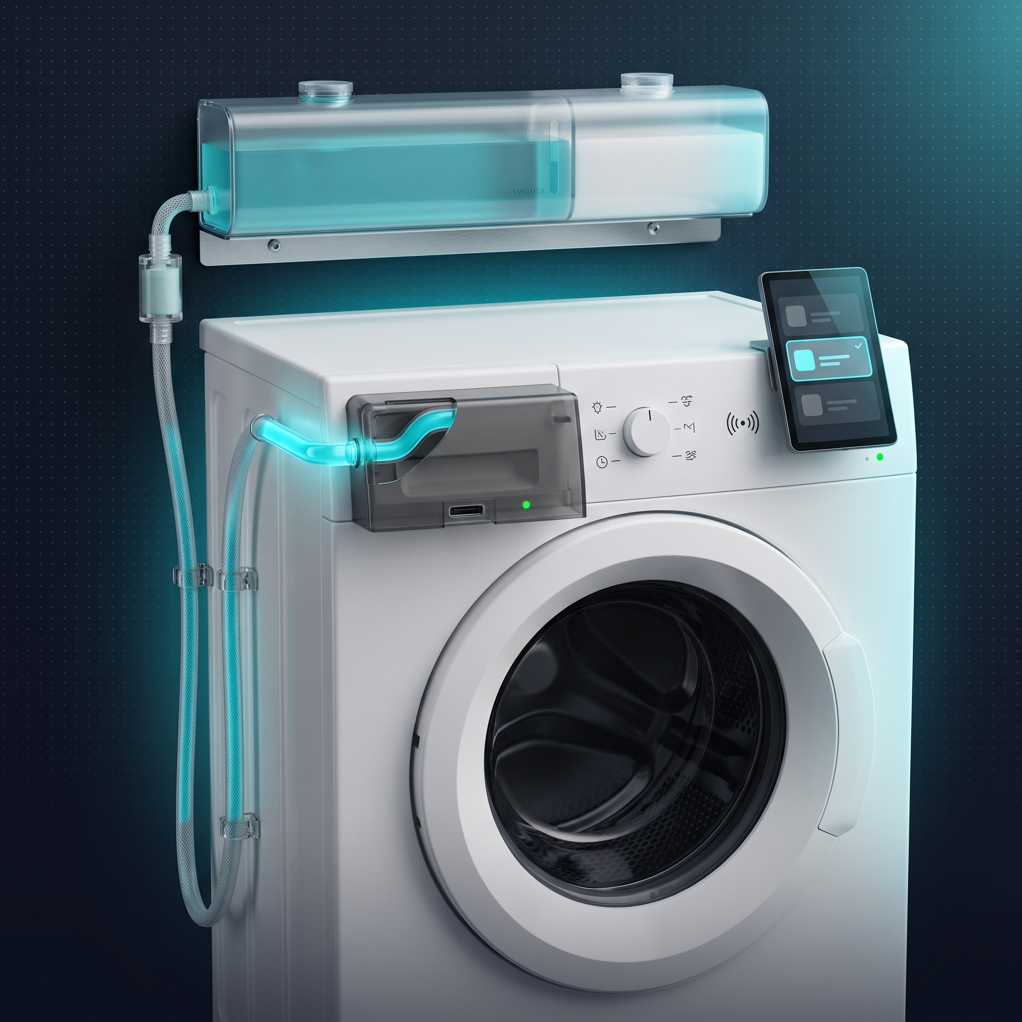 Front-loading washer topped by IWA's wall-hung tank crown — dual gel chambers, a pumped hose down the machine's left side feeding a backlit gutter into a translucent cover clipped over its stock detergent drawer (partially cut away to reveal the gel channel, with a SIM slot and ready LED), and a tablet clamped to the machine's edge at eye level showing the load picker.